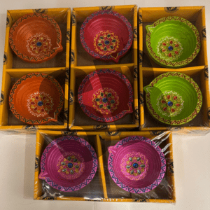 Painted Clay Diya With Stones  2 Pack